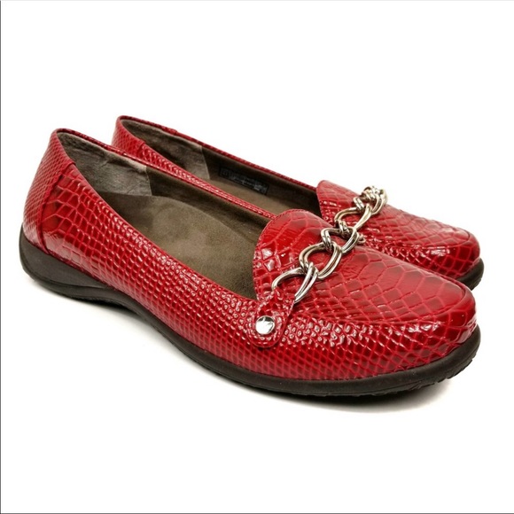 Vionic Shoes - VIONIC Alda croc embossed red leather silver chain loafer shoes size 9 orthoheel